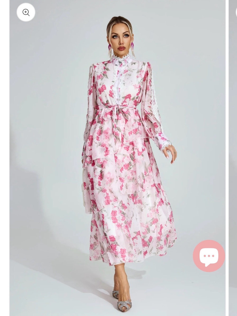 NWOT Pink Floral Tiered Long Sleeve Maxi Dress